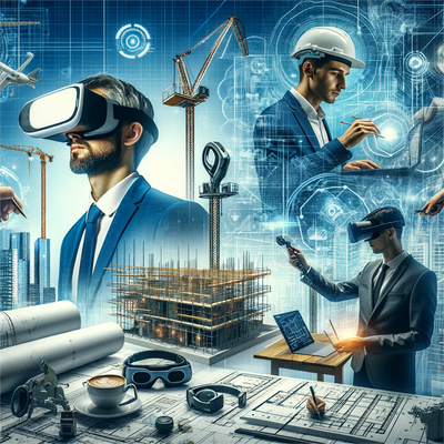 Une image illustrant la transformation du secteur de la construction due à la numérisation, y compris des plans numériques et des outils de haute technologie.