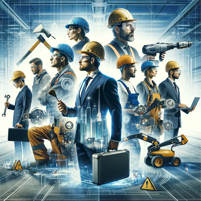Une image présentant un groupe diversifié d'ouvriers du bâtiment équipés d'outils et de technologies modernes.