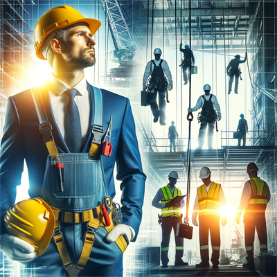 Une image mettant l'accent sur la sécurité sur les chantiers de construction, avec des travailleurs portant des équipements de sécurité et des panneaux et équipements de sécurité visibles.